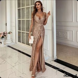 V-neck sequin strap maxi dress with leg slit By Olivia And Mark Champagne/ Black